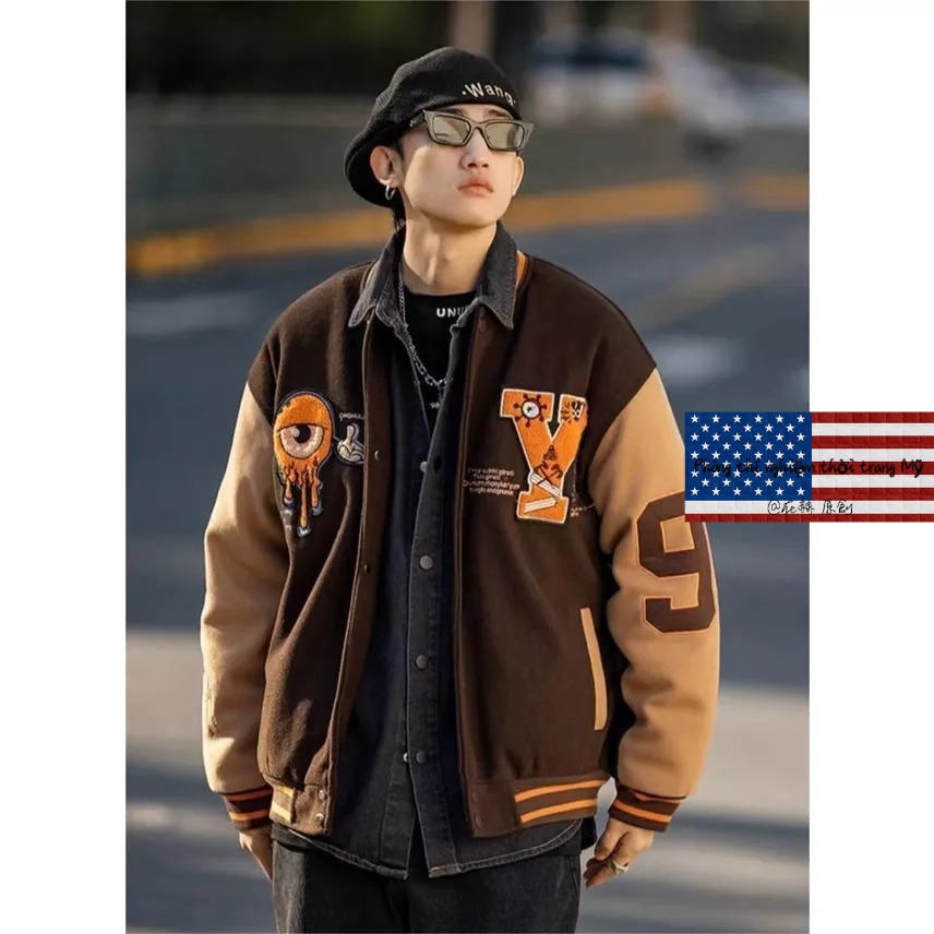 Áo Khoác Bóng Chày Màu Đen Thêu Họa Tiết Phong Cách Retro Đường Phố Mỹ Nam Và Nữ Làm sạch nhãn cầu Quần áo bông vintage Light jacket oversize baseball coat