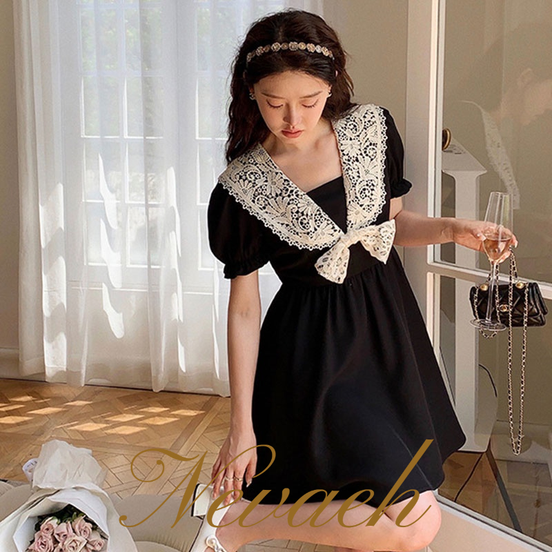 Đầm Đen Cổ Búp Bê Phong Cách vintage Pháp Thời Trang Mùa Hè Cho Nữ