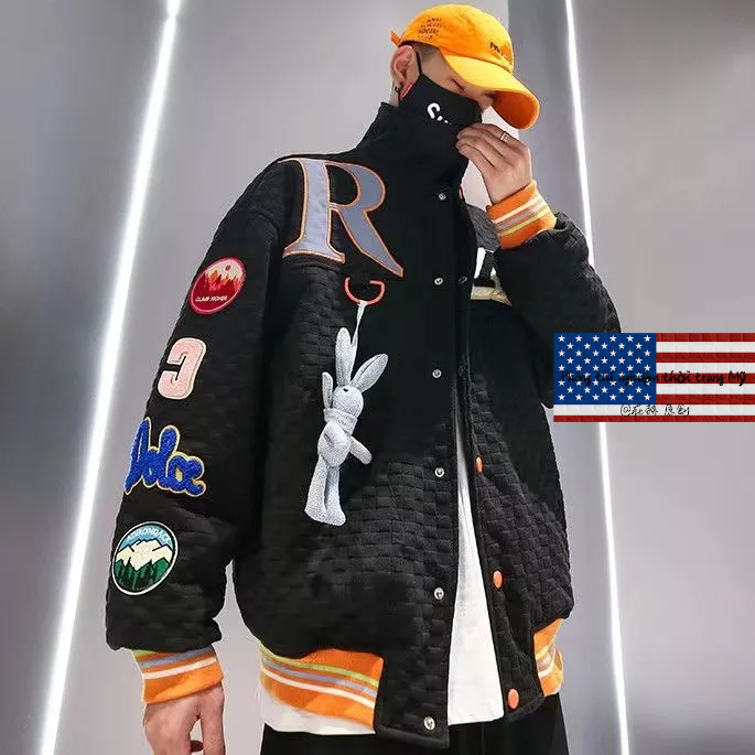 Áo Khoác Bóng Chày Cotton Màu Trắng Đen Thêu Hình Thỏ Waffle Phong Cách Retro Đường Phố Mỹ