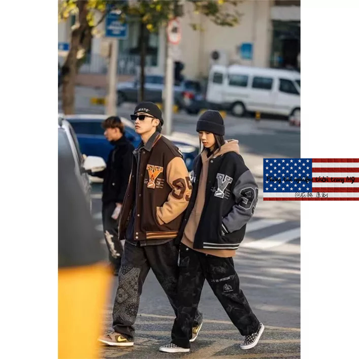 Áo Khoác Bóng Chày Màu Đen Thêu Họa Tiết Phong Cách Retro Đường Phố Mỹ Nam Và Nữ Làm sạch nhãn cầu Quần áo bông vintage Light jacket oversize baseball coat