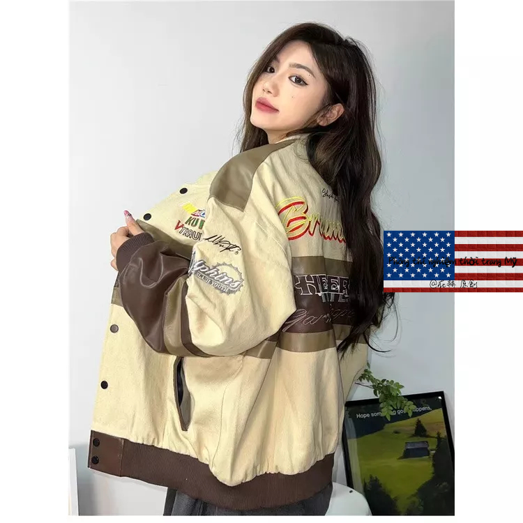 Áo Khoác Bóng Chày Chất Da Thêu Họa Tiết Phong Cách Âu Mỹ Cổ Điển Thời Trang Đường Phố Cho Nam Và Nữ Áo khoác xe máy Màu đen Đua xe Quần áo bông oversize motorcycle jacket vintage