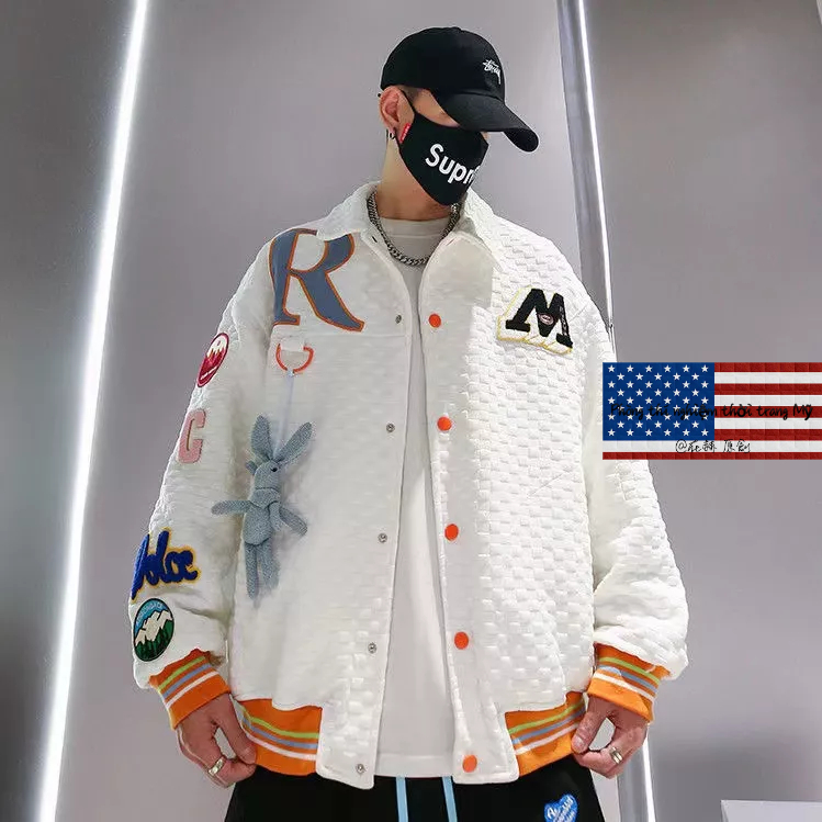 Áo Khoác Bóng Chày Cotton Màu Trắng Đen Thêu Hình Thỏ Waffle Phong Cách Retro Đường Phố Mỹ