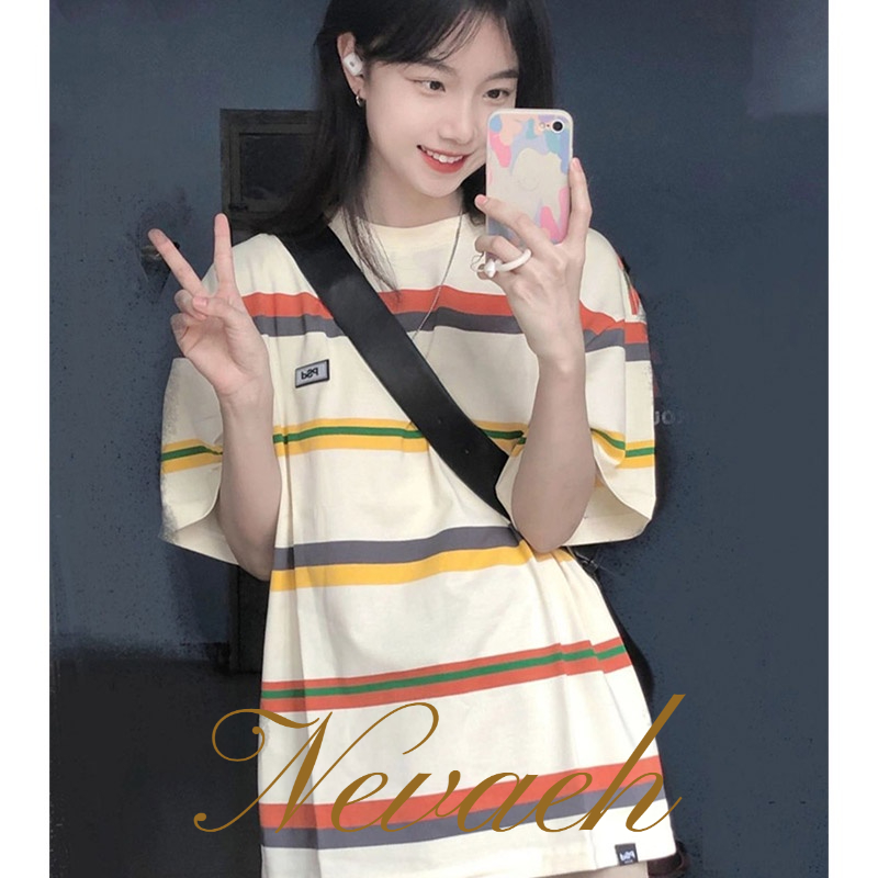 Áo Thun cotton Tay Ngắn Họa Tiết Kẻ Sọc Thời Trang Mới Cho Nữ