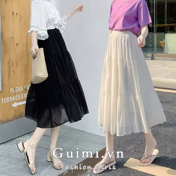 NZN Chân váy dáng chữ A lưng cao xếp tầng màu trơn thời trang Hàn Quốc cho nữ