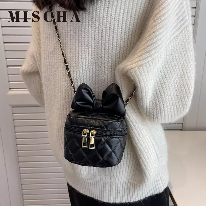 MISCHA Túi Xách Da PU Màu Trơn Phối Dây Xích Đeo Vai Sành Điệu