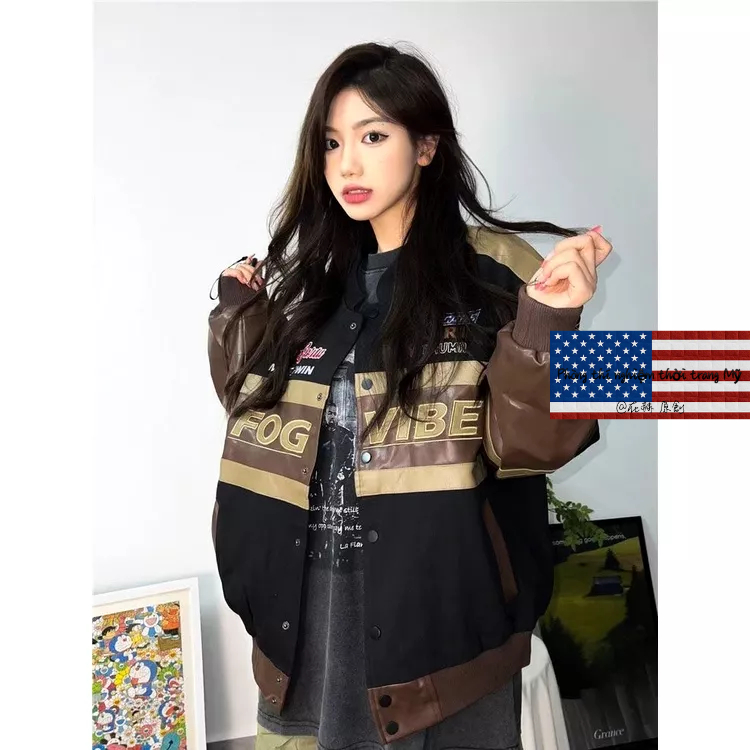 Áo Khoác Bóng Chày Chất Da Thêu Họa Tiết Phong Cách Âu Mỹ Cổ Điển Thời Trang Đường Phố Cho Nam Và Nữ Áo khoác xe máy Màu đen Đua xe Quần áo bông oversize motorcycle jacket vintage