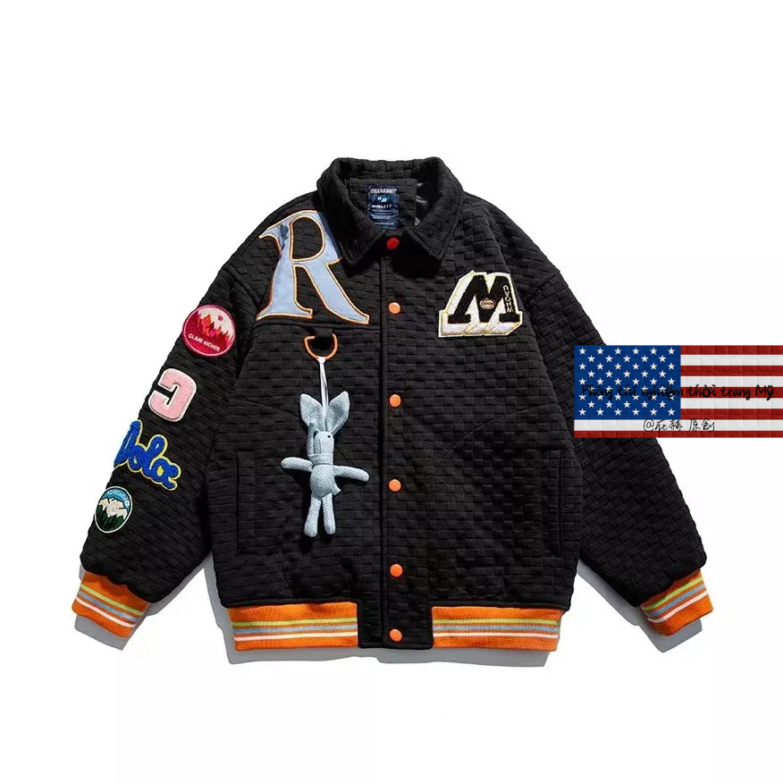 Áo Khoác Bóng Chày Cotton Màu Trắng Đen Thêu Hình Thỏ Waffle Phong Cách Retro Đường Phố Mỹ