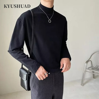 Áo thun tay dài cổ lọ dáng rộng màu sắc đơn giản cho nam