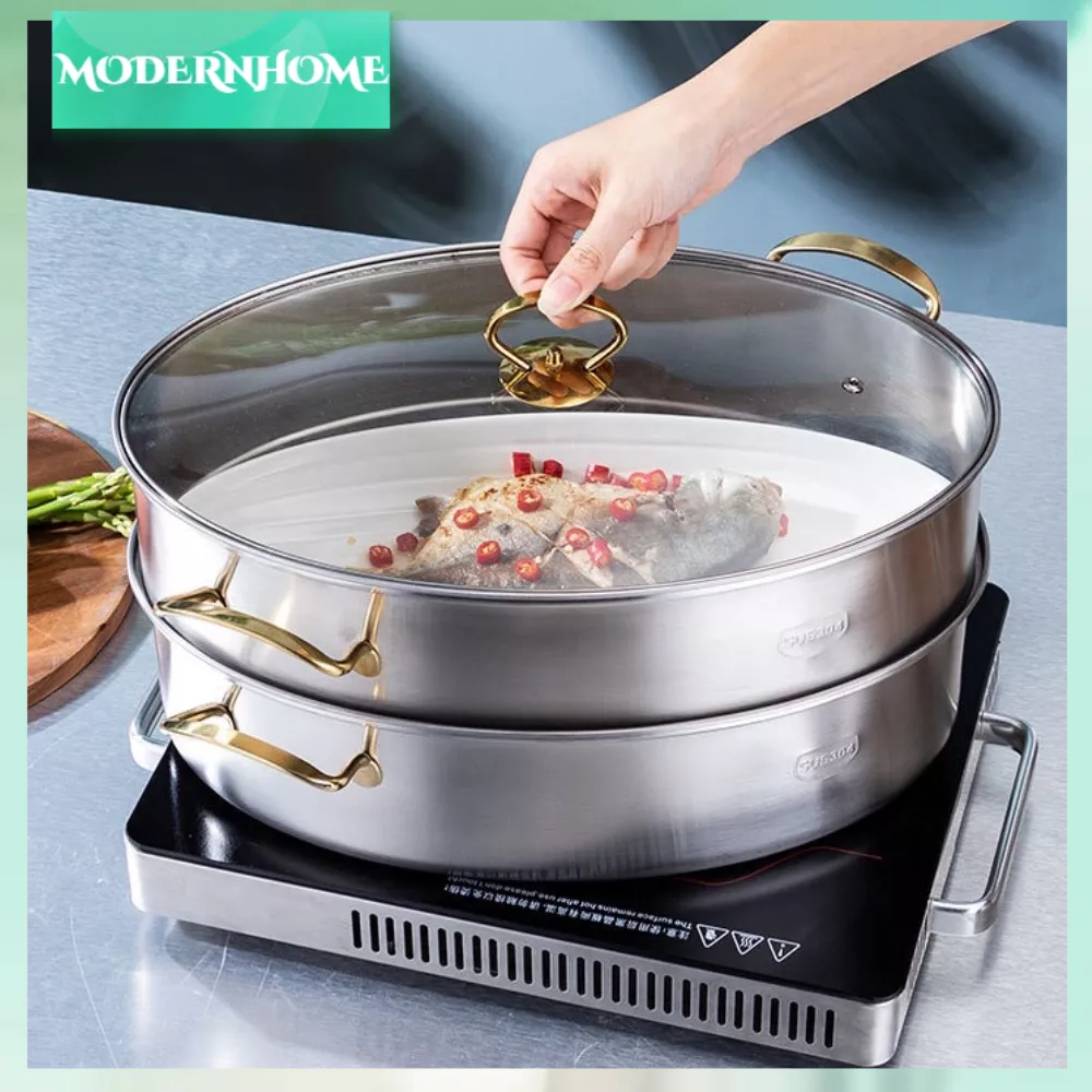 ModernHome Bộ nồi hấp cá hình bầu dục bằng thép không gỉ 304 dung tích lớn nấu ăn gia đình có đĩa
