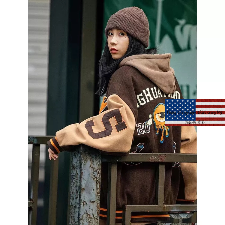 Áo Khoác Bóng Chày Màu Đen Thêu Họa Tiết Phong Cách Retro Đường Phố Mỹ Nam Và Nữ Làm sạch nhãn cầu Quần áo bông vintage Light jacket oversize baseball coat