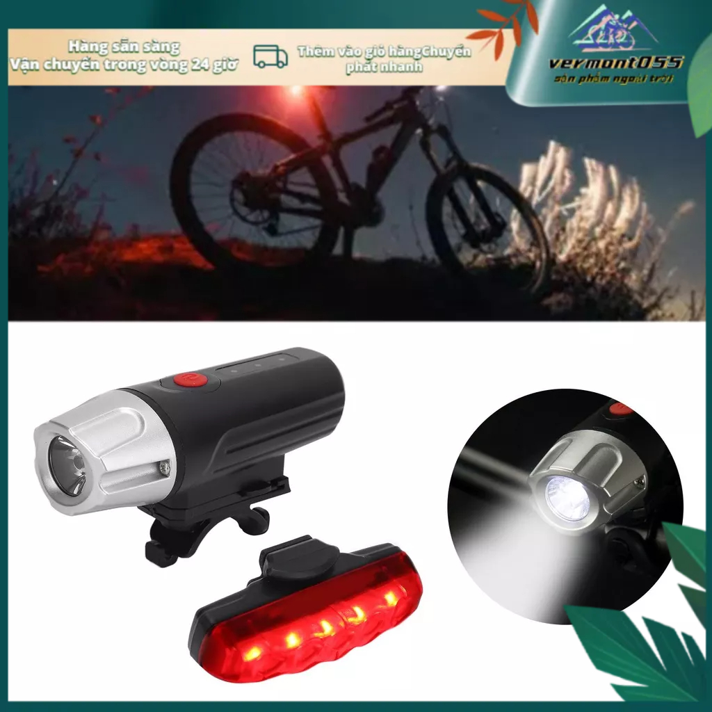 Có thể bán buôn Bộ đèn xe đạp siêu sáng có thể sạc lại USB Đèn pha phía trước và đèn hậu phía sau cho xe đạp đường núi vermont055 Hàng giao ngay