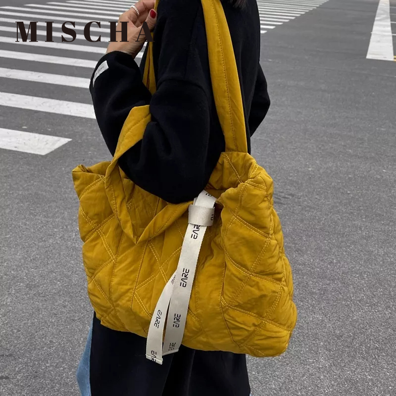 Mischa Túi tote Đeo Vai Bằng cotton Sức Chứa Lớn Màu Trơn Họa Tiết Hình Thoi Đơn Giản Hợp Thời Trang