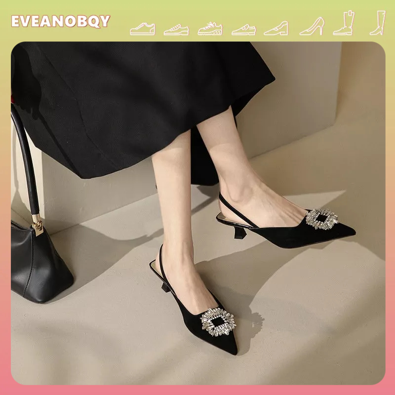【EVEANOBQY】Giày Cao Gót 3cm 3cm Mũi Nhọn Đính Đá Thời Trang Cho Nữ