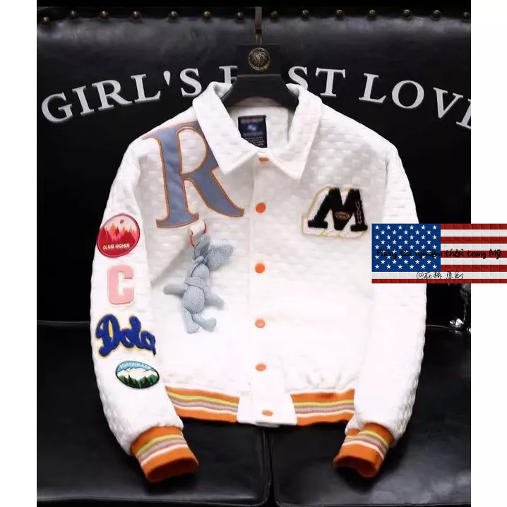 Áo Khoác Bóng Chày Cotton Màu Trắng Đen Thêu Hình Thỏ Waffle Phong Cách Retro Đường Phố Mỹ