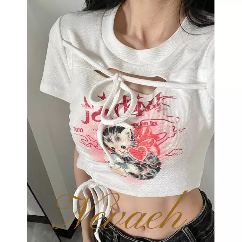 Áo Thun Ngắn Tay In Hình Mèo Thời Trang Hàn Quốc Dành Cho Nữ
