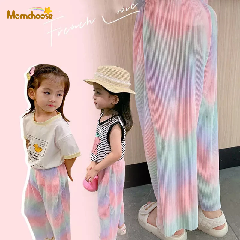 MOMCHOOSE Quần Dài Chống Muỗi Dáng Rộng Thoáng Khí Họa Tiết Cầu Vồng Thời Trang Mùa Hè Cho Bé Gái
