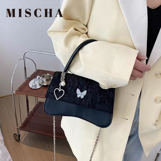 Mischa Túi Xách Da PU Màu Trơn Đính Nơ Trái Tim Thời Trang Cao Cấp Cho Nữ