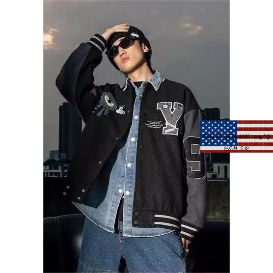 Áo Khoác Bóng Chày Màu Đen Thêu Họa Tiết Phong Cách Retro Đường Phố Mỹ Nam Và Nữ Làm sạch nhãn cầu Quần áo bông vintage Light jacket oversize baseball coat