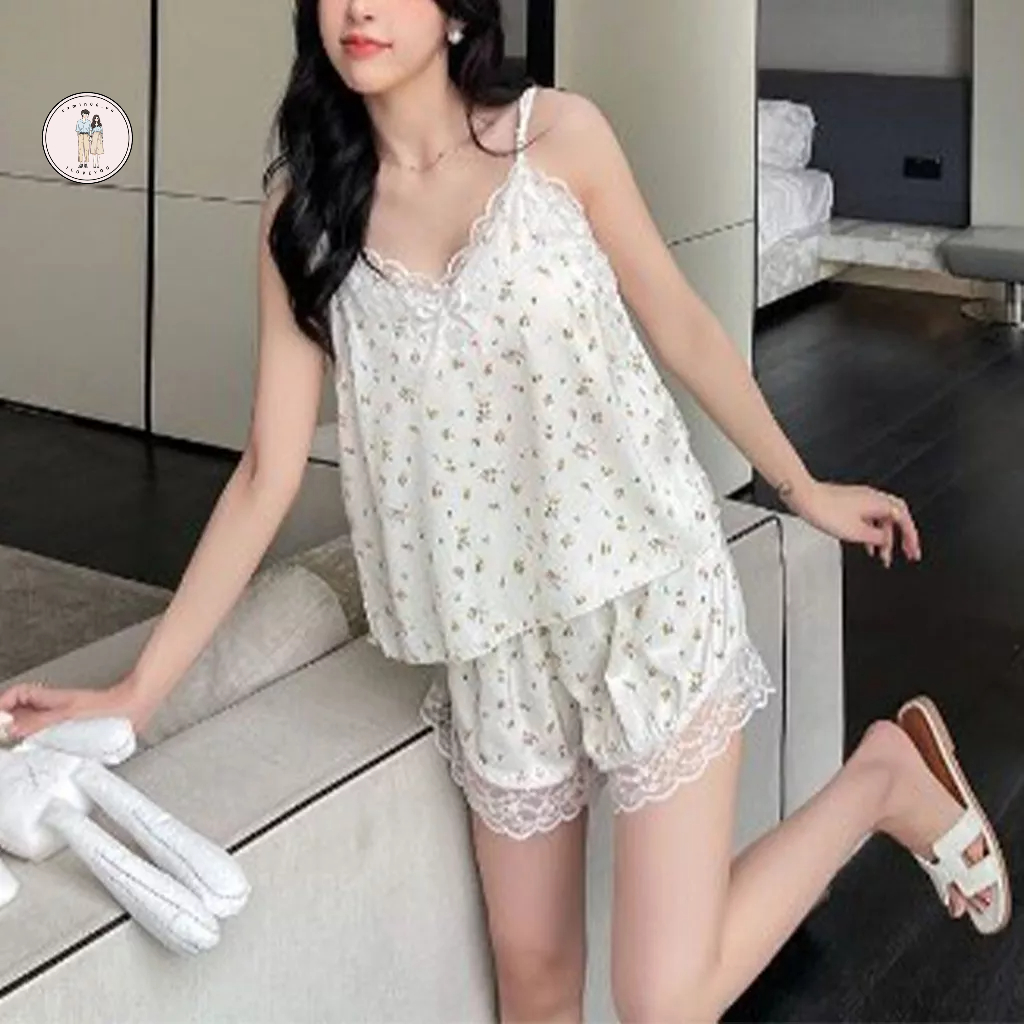 ReadyGo Đồ Ngủ Mùa Hè Suspender Ngắn Phong Cách Viền Ren Họa Tiết Dễ Thương Duyên Dáng Thoải Mái Thân Thiện Với Làn Da Thoáng Khí Dành Cho Nữ