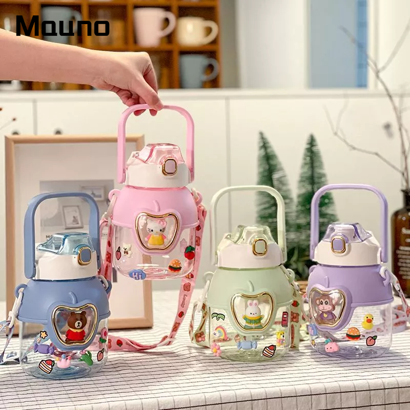 Mauno Bình Nước Nhựa Có Ống Hút Họa Tiết Hoạt Hình Dễ Thương Cho Bé