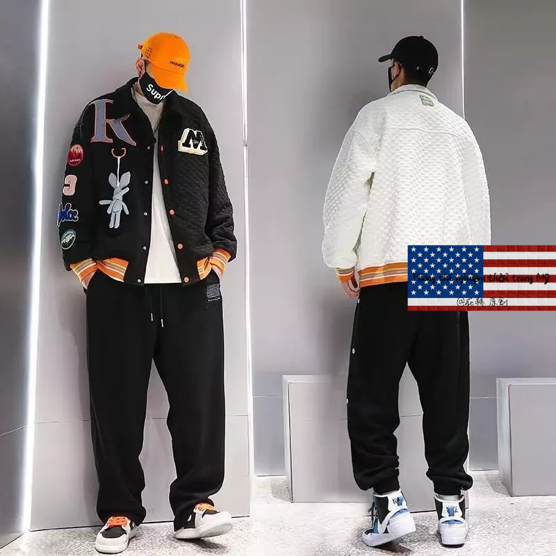 Áo Khoác Bóng Chày Cotton Màu Trắng Đen Thêu Hình Thỏ Waffle Phong Cách Retro Đường Phố Mỹ