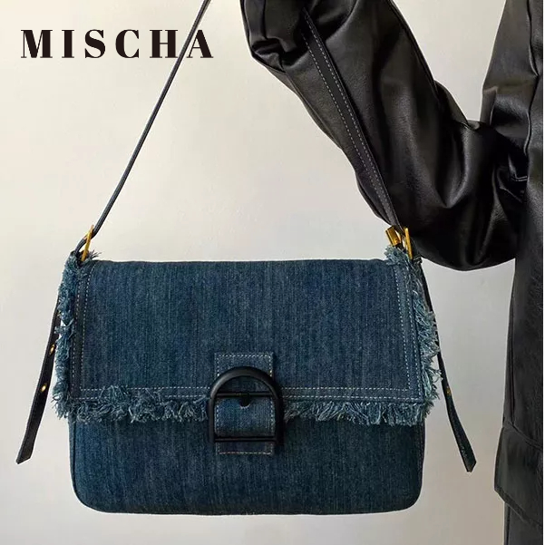 MISCHA Túi Đeo Vai MISCHA Bằng Vải denim Màu Trơn Phối Tua Rua Thời Trang