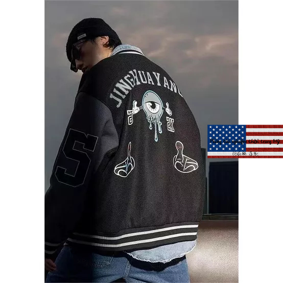Áo Khoác Bóng Chày Màu Đen Thêu Họa Tiết Phong Cách Retro Đường Phố Mỹ Nam Và Nữ Làm sạch nhãn cầu Quần áo bông vintage Light jacket oversize baseball coat