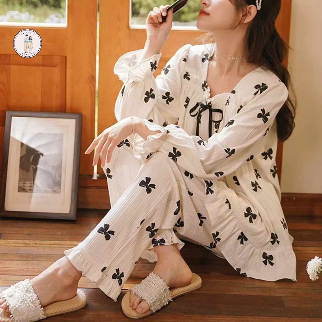 ReadyGo Tay Dài Bộ Đồ Ngủ Lưng Thun Dáng Rộng Nữ Chui Đầu Có Nơ Trang Trí Cho Mùa Xuân Thu