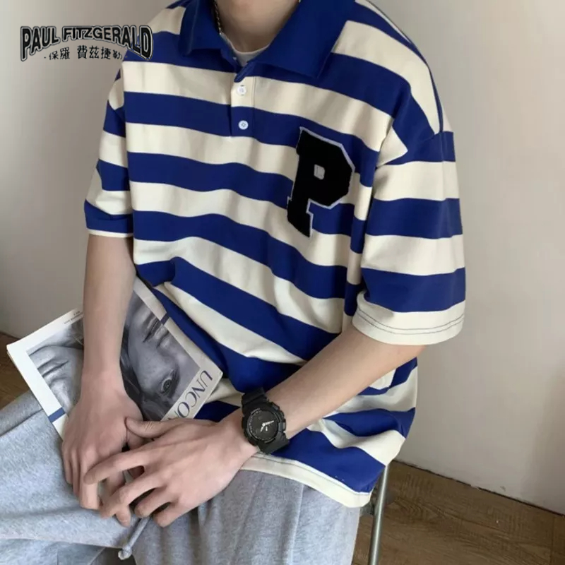 Áo polo Ngắn Tay Dáng Rộng Họa Tiết Kẻ Sọc Phong Cách Đường Phố Nhật Bản Thời Trang Mùa Hè Cho Nam