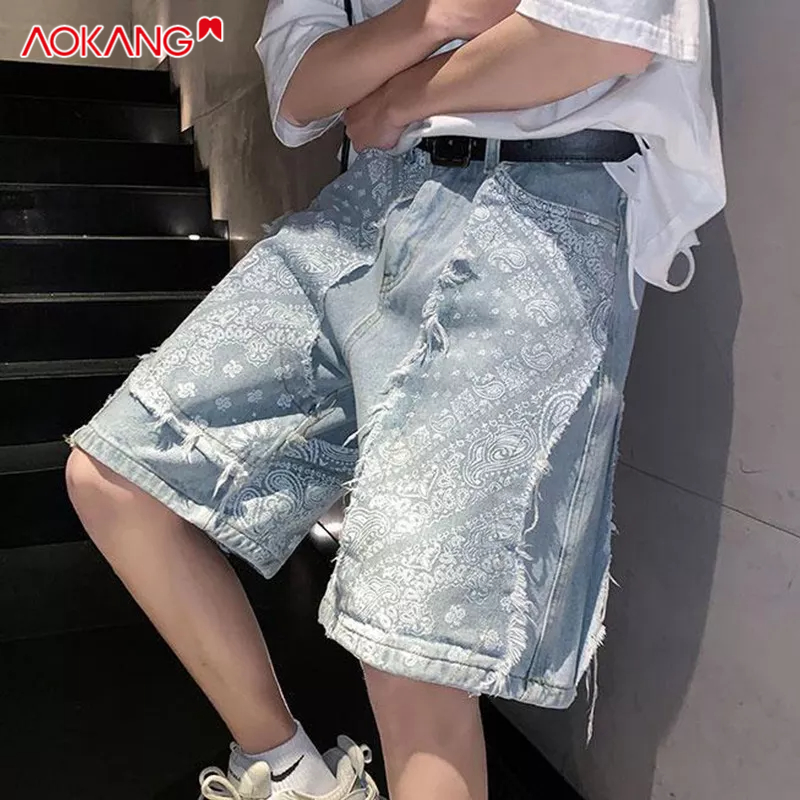Quần short denim AOKANG ống rộng phong cách Mỹ thời trang năng động dành cho nam