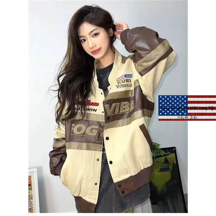 Áo Khoác Bóng Chày Chất Da Thêu Họa Tiết Phong Cách Âu Mỹ Cổ Điển Thời Trang Đường Phố Cho Nam Và Nữ Áo khoác xe máy Màu đen Đua xe Quần áo bông oversize motorcycle jacket vintage