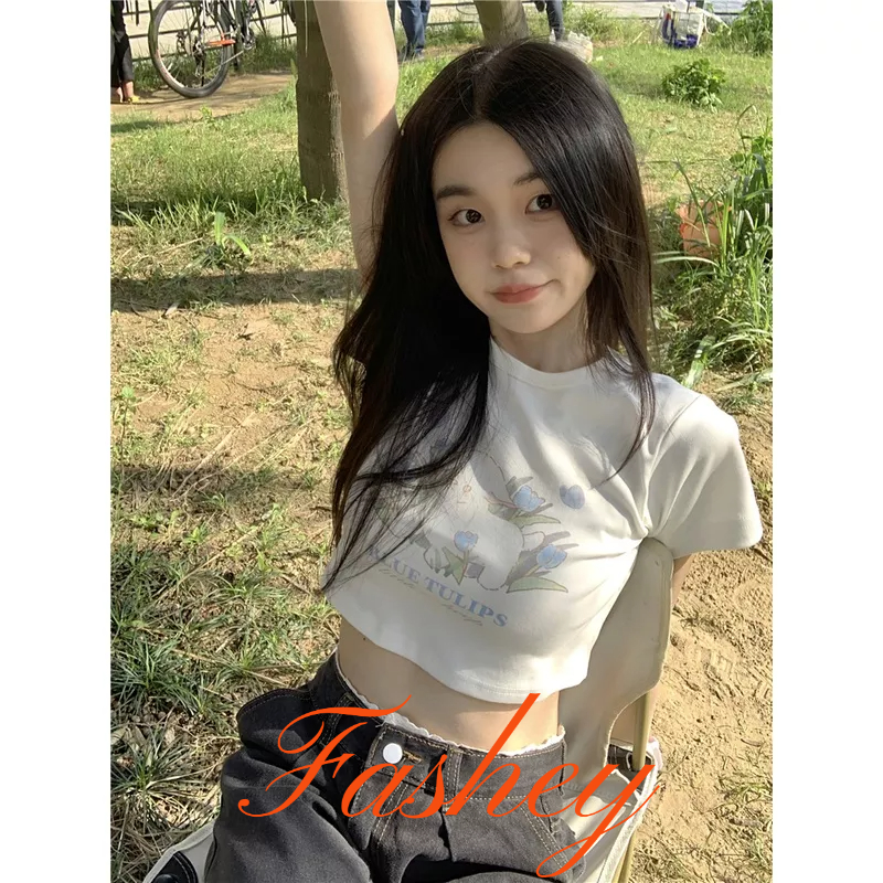 Fashey Áo Thun Ngắn Tay In Họa Tiết Thời Trang Dành Cho Nữ áo croptop