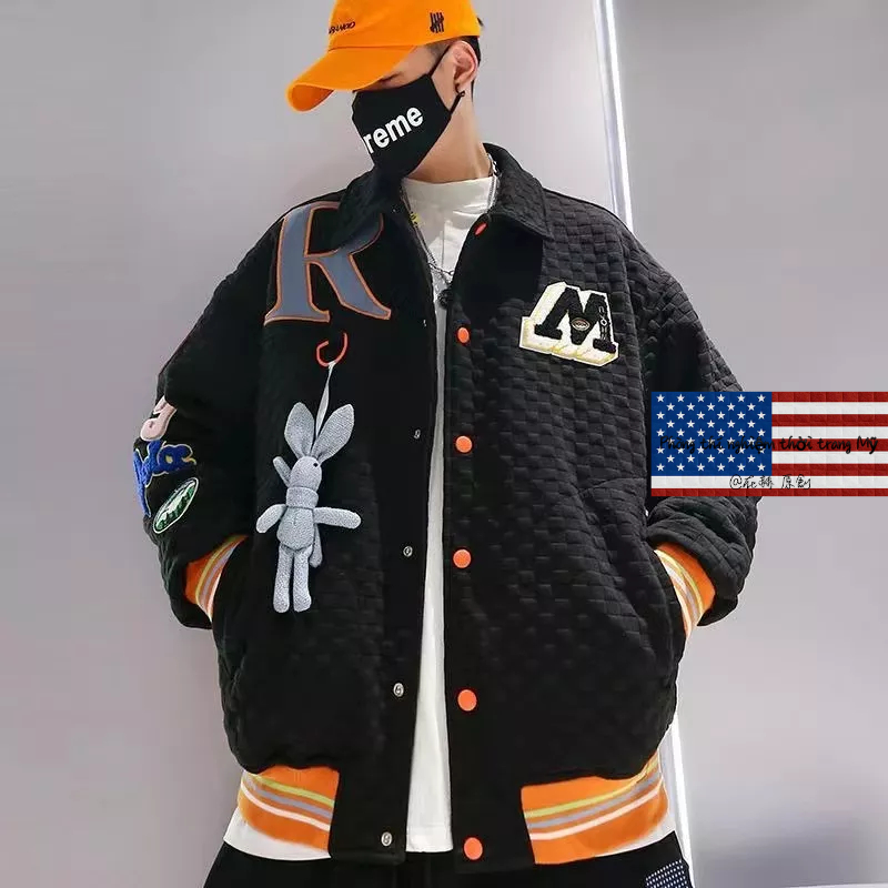 Áo Khoác Bóng Chày Cotton Màu Trắng Đen Thêu Hình Thỏ Waffle Phong Cách Retro Đường Phố Mỹ