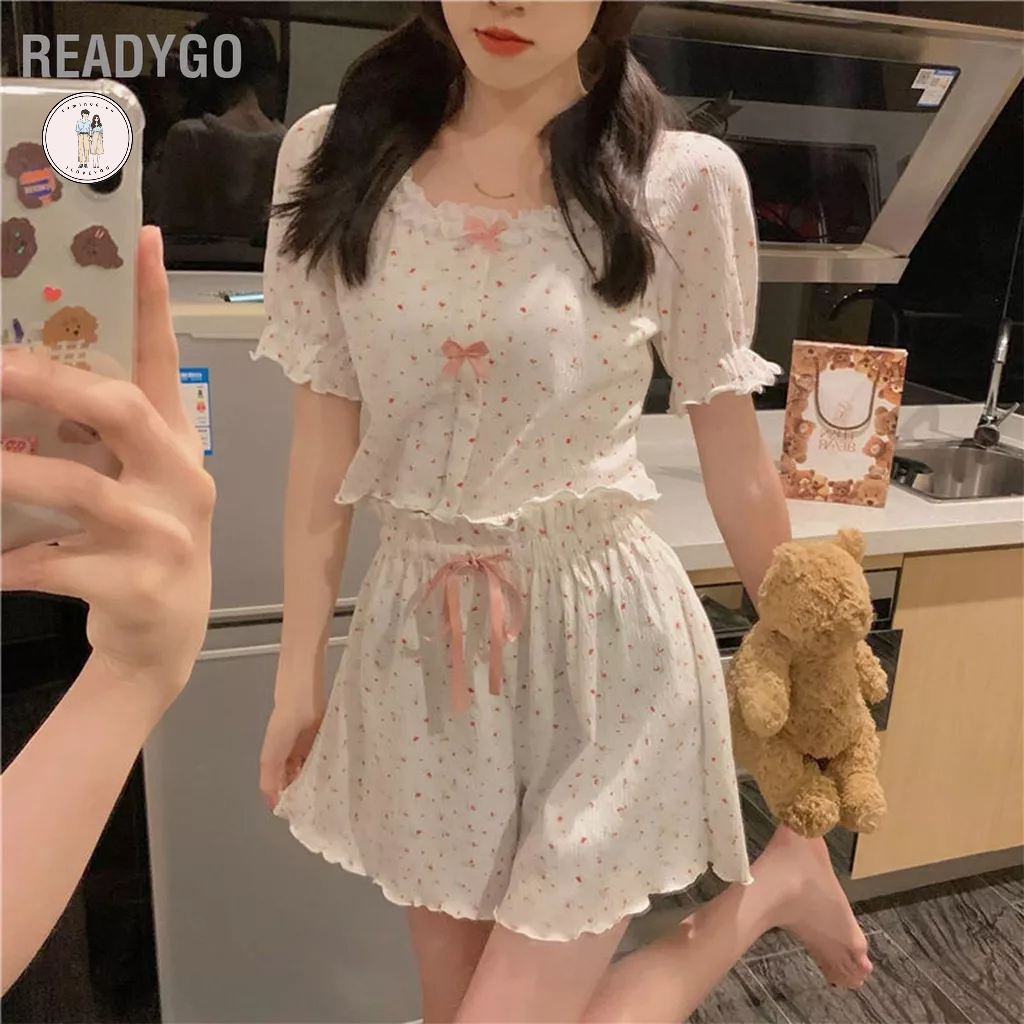 Có hàng sẵn Bộ Đồ Ngủ Nữ Cổ Tròn Tay Ngắn Dây Rút Viền Ren Thường Ngày Loungewear