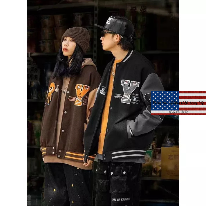 Áo Khoác Bóng Chày Màu Đen Thêu Họa Tiết Phong Cách Retro Đường Phố Mỹ Nam Và Nữ Làm sạch nhãn cầu Quần áo bông vintage Light jacket oversize baseball coat