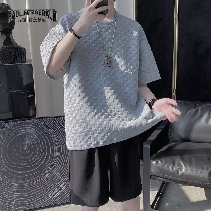 Áo Thun Ngắn Tay Dáng Rộng Họa Tiết Ca Rô Thời Trang Dành Cho Nam