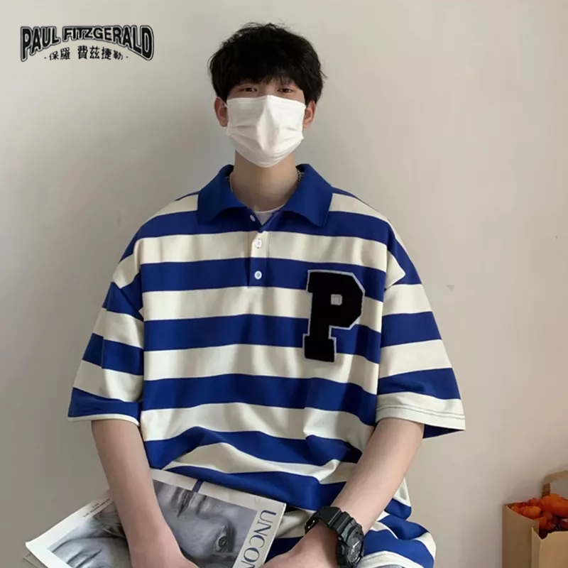 Áo polo Ngắn Tay Dáng Rộng Họa Tiết Kẻ Sọc Phong Cách Đường Phố Nhật Bản Thời Trang Mùa Hè Cho Nam