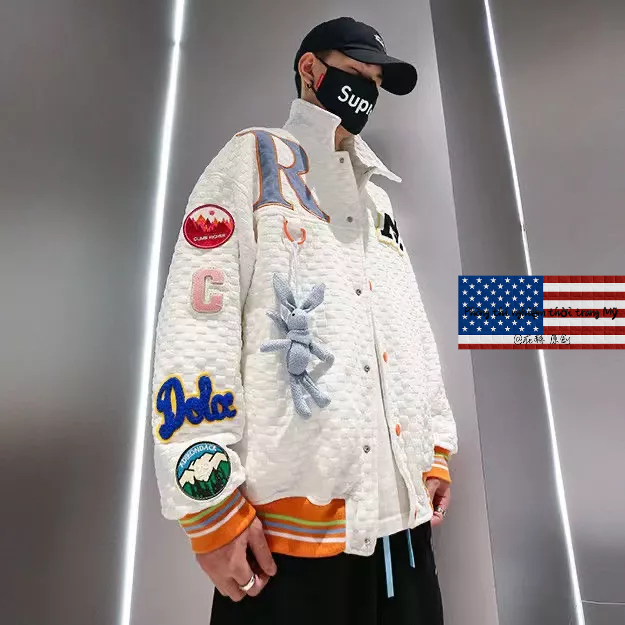 Áo Khoác Bóng Chày Cotton Màu Trắng Đen Thêu Hình Thỏ Waffle Phong Cách Retro Đường Phố Mỹ