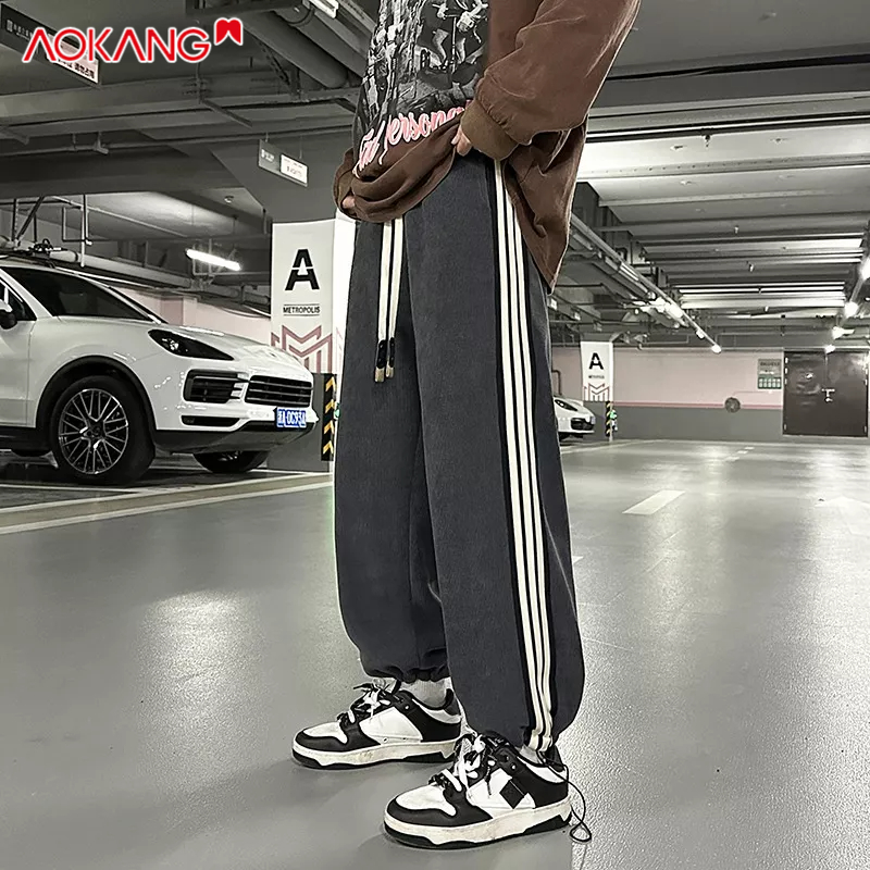 Quần dài AOKANG ống rộng họa tiết kẻ sọc bên phong cách Hàn Quốc thời trang dành cho nam