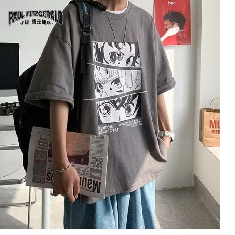 Áo Thun Tay Ngắn Dáng Rộng In Hoạt Hình Kiểu Hồng Kông hip-hop Nhật Bản Cá Tính Cho Nam