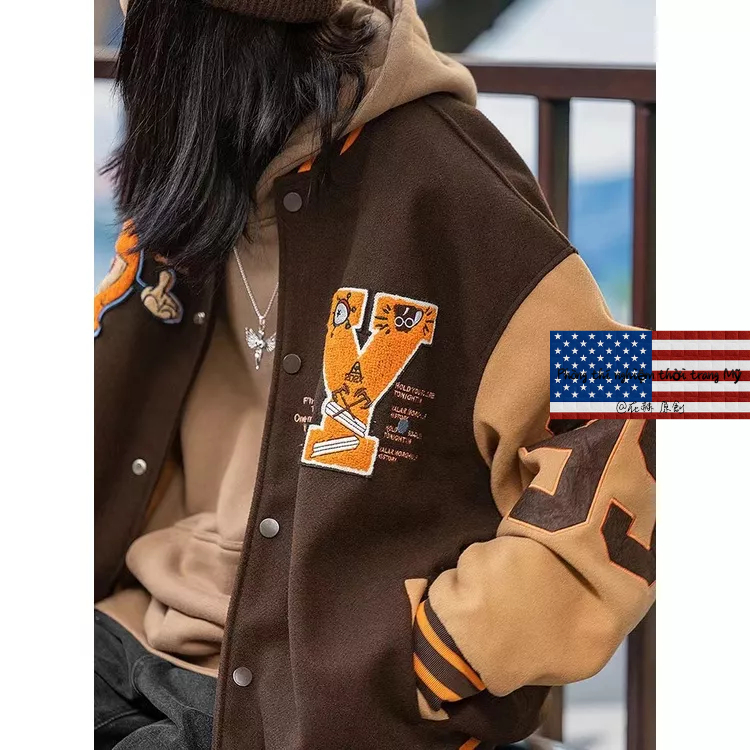 Áo Khoác Bóng Chày Màu Đen Thêu Họa Tiết Phong Cách Retro Đường Phố Mỹ Nam Và Nữ Làm sạch nhãn cầu Quần áo bông vintage Light jacket oversize baseball coat