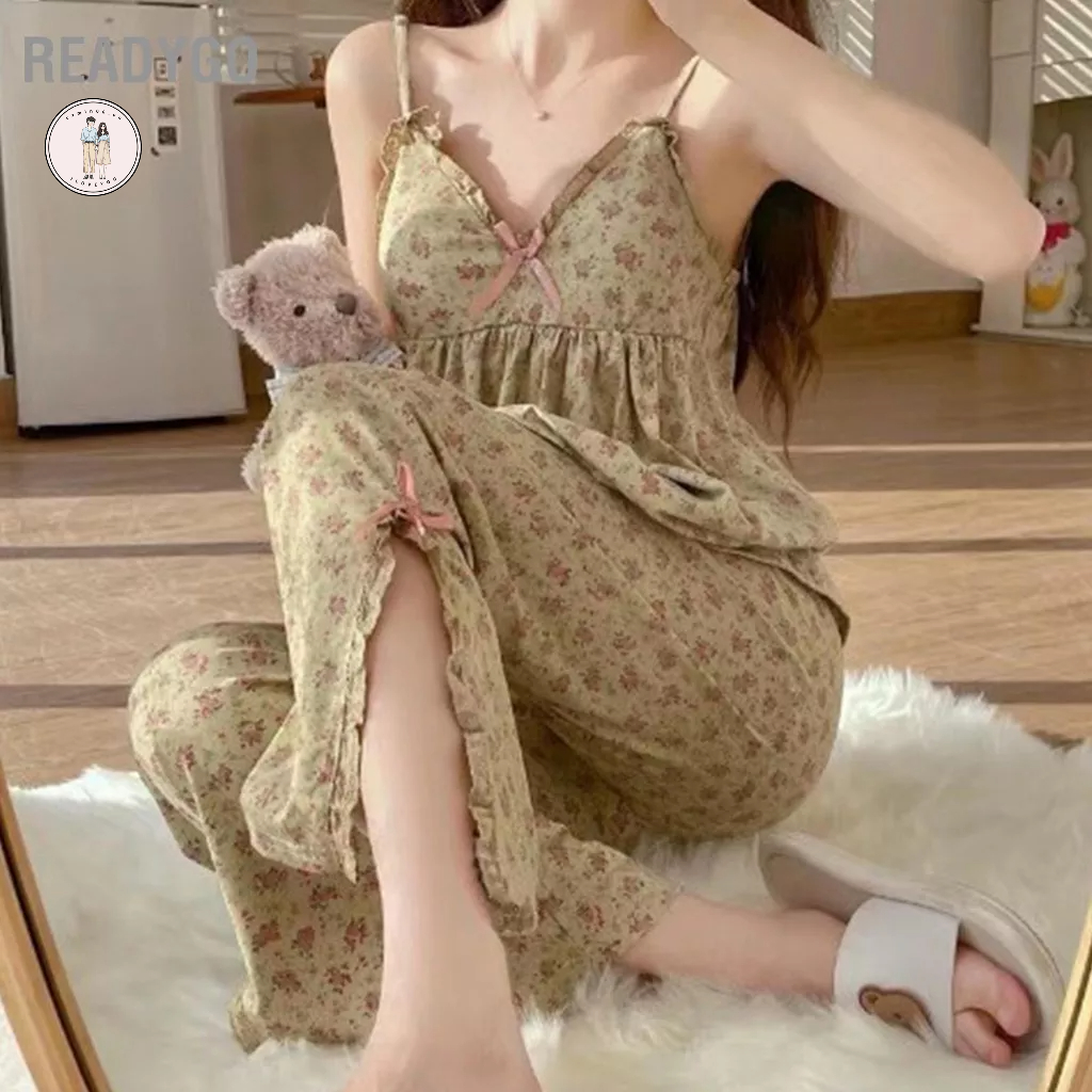 ReadyGo Phụ Nữ Họa Tiết Yếm Pyjama Set Spaghetti Dây Diềm Viền Nơ Cổ V Bể Quần Đồ Ngủ