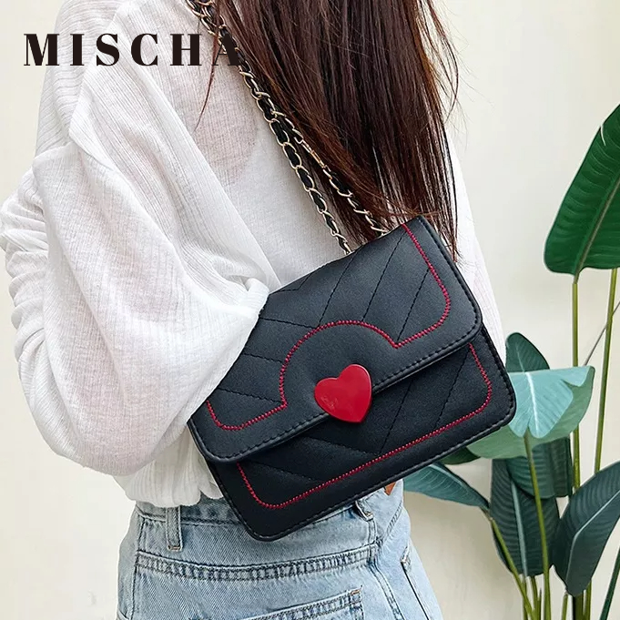 Mischa Túi Đeo Chéo Vai Bằng Da PU Thêu Hình Trái Tim Phối Màu Tương Phản Thời Trang
