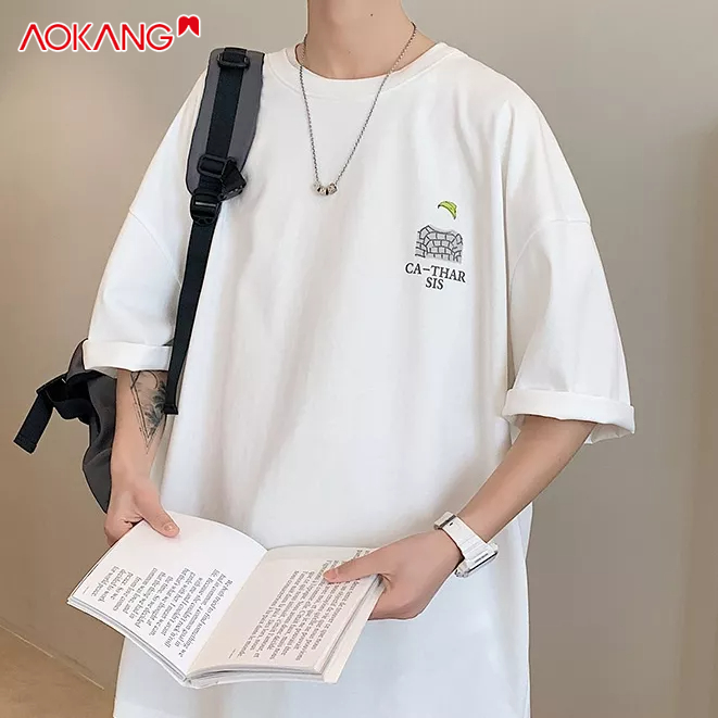 Áo thun AOKANG tay ngắn cổ tròn in họa tiết chữ cái thời trang cá tính dành cho nam