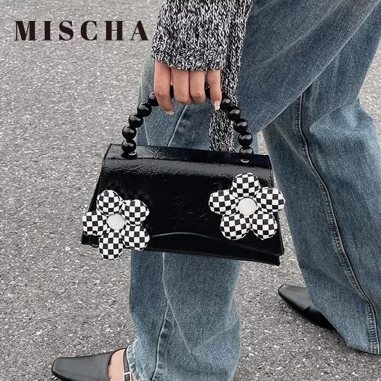 Mischa Túi Đeo Chéo Vai Hình Vuông Nhỏ Bằng Da PU Họa Tiết Ca Rô Đính Ngọc Trai Thời Trang Hàng Mới
