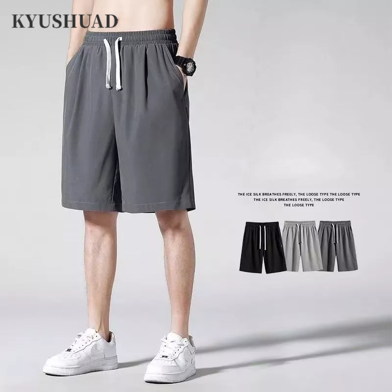 Quần Short Vải Lụa Lạnh Màu Trơn Dáng Rộng Thoáng Khí Cá Tính Cho Nam