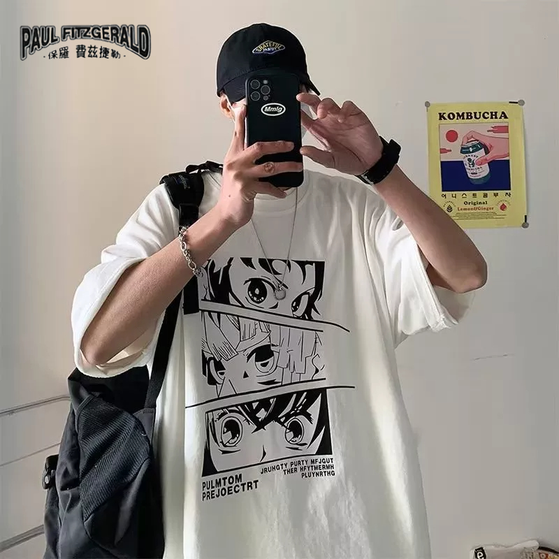 Áo Thun Tay Ngắn Dáng Rộng In Hoạt Hình Kiểu Hồng Kông hip-hop Nhật Bản Cá Tính Cho Nam