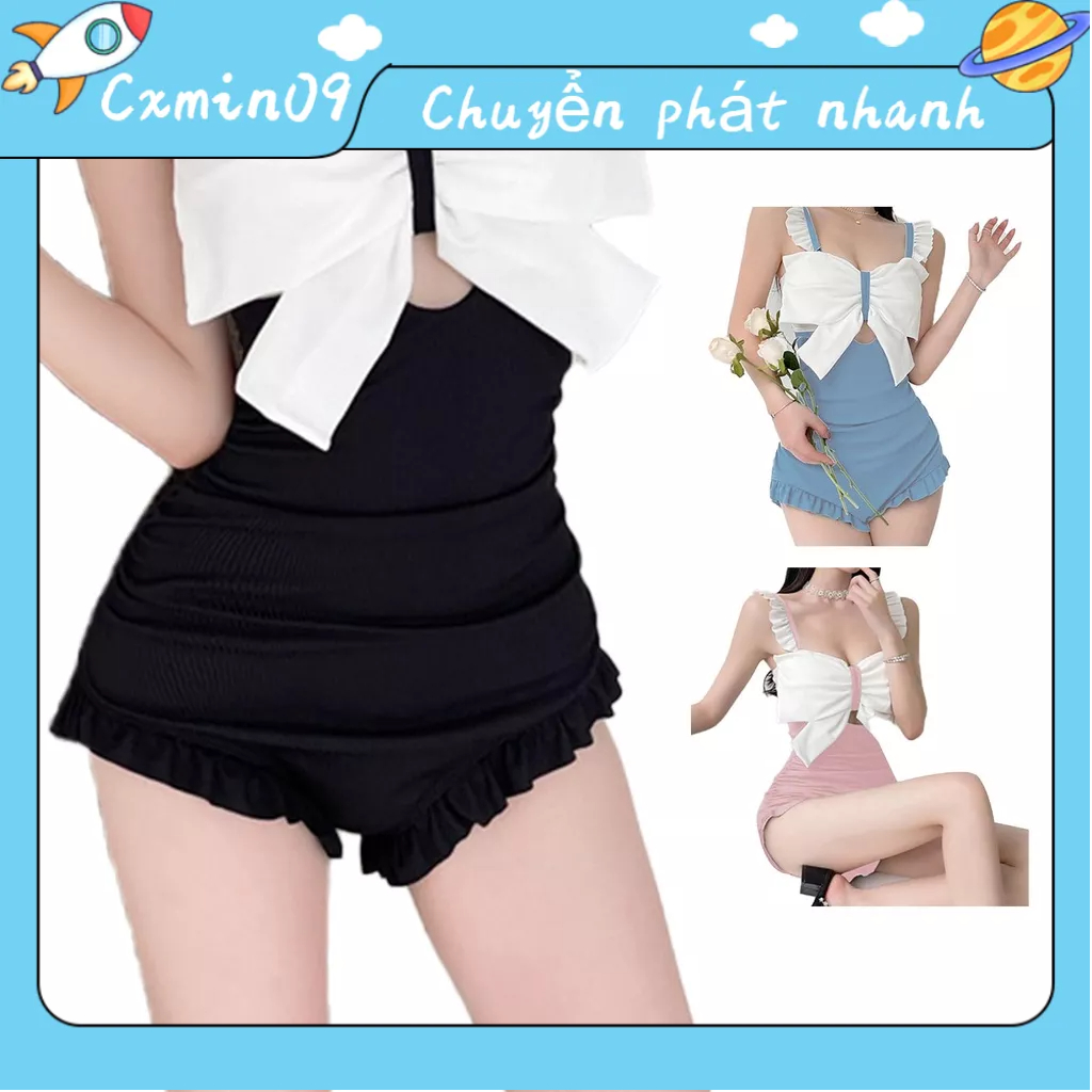 RisingGirl Phụ Nữ Mùa Hè Đồ Bơi Xù Dây Nơ Rỗng Ra Màu Sắc Tương Phản Một Mảnh Áo Tắm