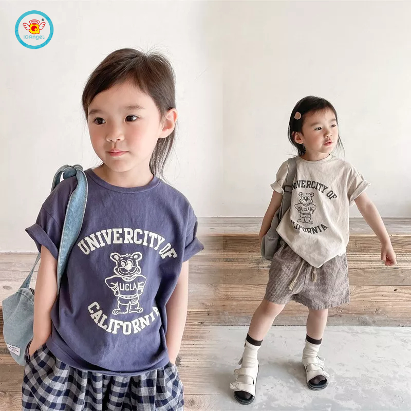 Áo thun IQ ANGEL 100% cotton tay ngắn dáng rộng thời trang mùa hè 2023 dành cho trẻ em