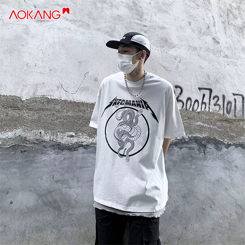 Áo thun AOKANG ngắn tay in họa tiết con rắn phong cách cổ điển thời trang cho nam và nữ